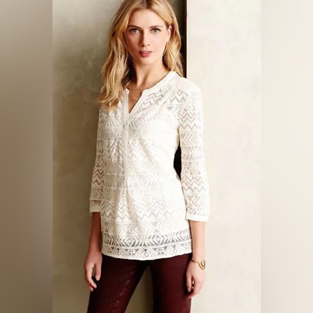 Anthropologie Embroidered Tulle Tunic By Vanessa Virginia, Ivory Top